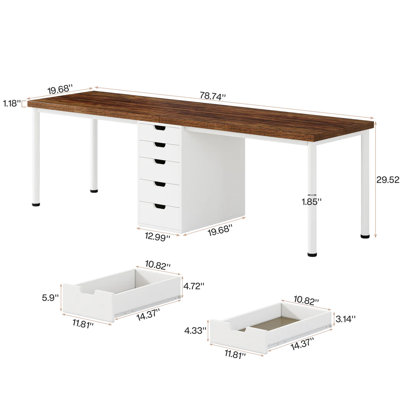 Poste de travail deux places, bureau d'ordinateur avec plateau en bois rustique aux tons chauds et chaleureux, poignées rainurées pour l'ouverture des tiroirs, pattes de table ajustables, bois brun et blanc rustique, 42,9 kg