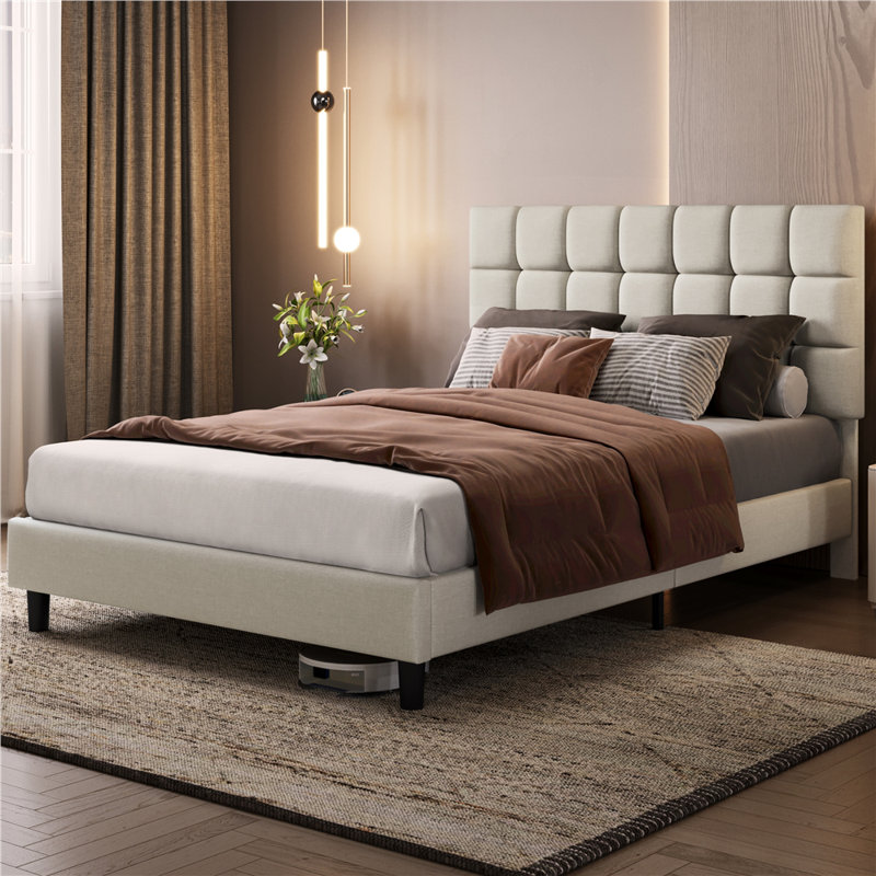 Size Modern Upholstered Bed Frame with Adjustable Square Tufted Headboard, Beige, Kingsize (5')