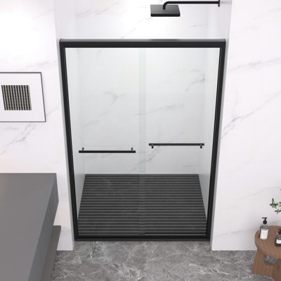 Double Sliding Shower Door With 8Mm Clear Tempered Glass, Matte Black Aluminum Frame, Stainless Steel Handle, - Crash Angle, Mute Operation For Bathroom Finish, Protection, Reversible