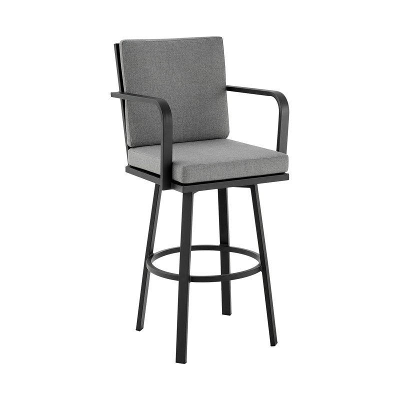 Cemalettin Aluminum Outdoor Stool with Cushion, Gray, Black, 26"
