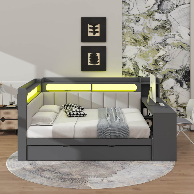 Full Size Daybed With Storage Shelves,Trundle,Charging Station,LED Light,Desk And Upholstered Headboard And Backrest, Gray