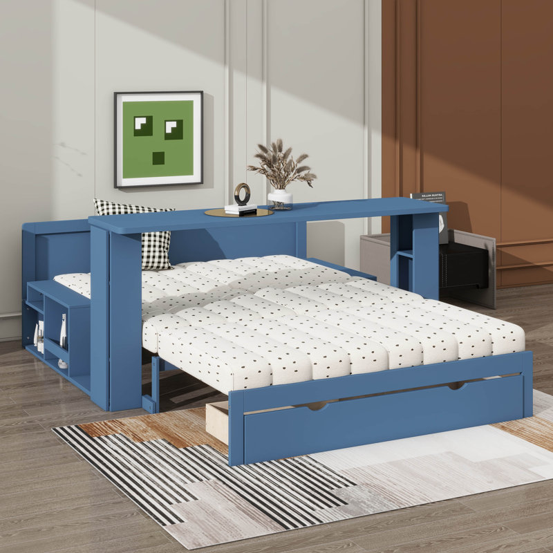 Daybed In Full Size Featuring Detachable Desk, Drawers For Storage & Side Table With Hydraulic Lift, Blue, Full 