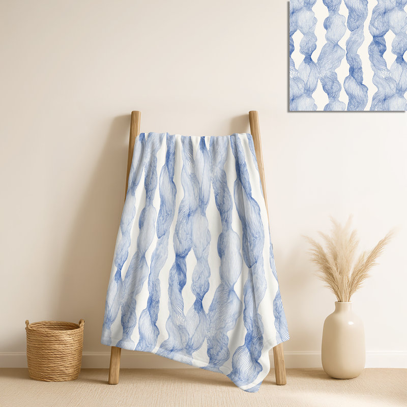 Minimalist Coastal Line III – Black Abstract Plush Blanket, Coastal Fleece Throw, Blue/Beige Abstract