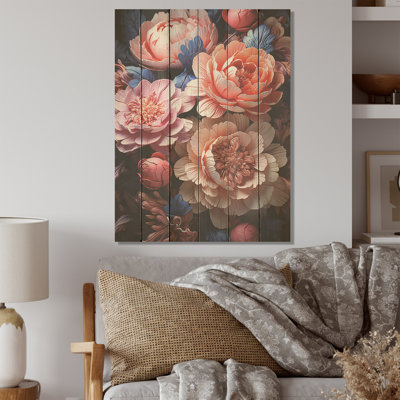 Belles pivoines colorées «Come Alive I» - pivoines, art sur bois de pin naturel