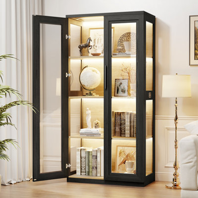 Glass Display Cabinet, Curio Display Cabinet for Collectibles, Bookcase for Room, Black & Wood
