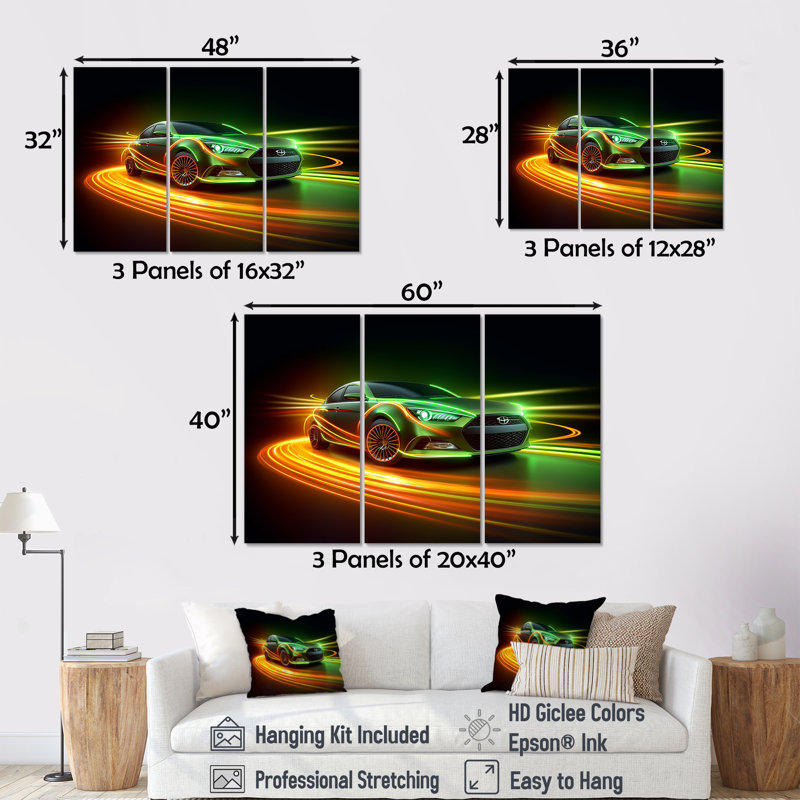 «Neon Light Strips Car Drifting - Cars Drifting», ensemble d'art mural, H 28 po x l 36 po x P 1 po