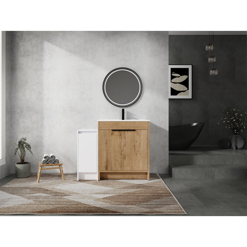 Meuble-lavabo autoportant avec lavabo en céramique et armoires de rangement, 42", Blanc, Blanc brillant / chêne imitation