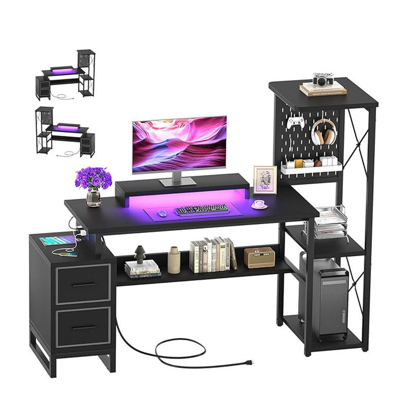 Computer Desk with 2 Fabric Drawers - Reversible Home Office Desk with Power Outlet & LED Lights, Gaming Desk Study Table with Pegboard, Black
