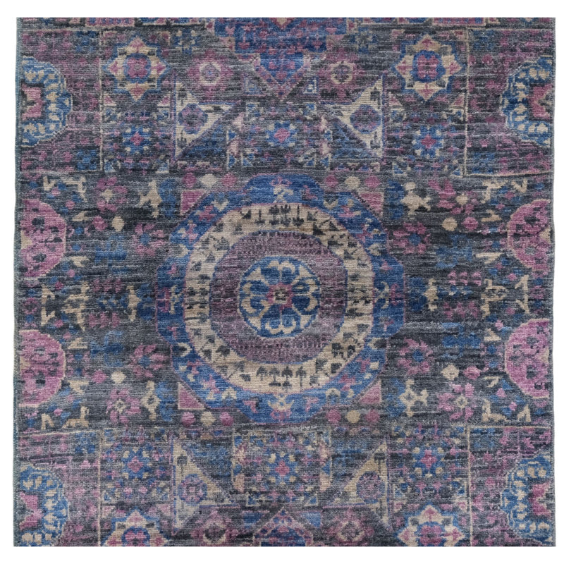 Hand Knotted Wool Area Rug in Silver