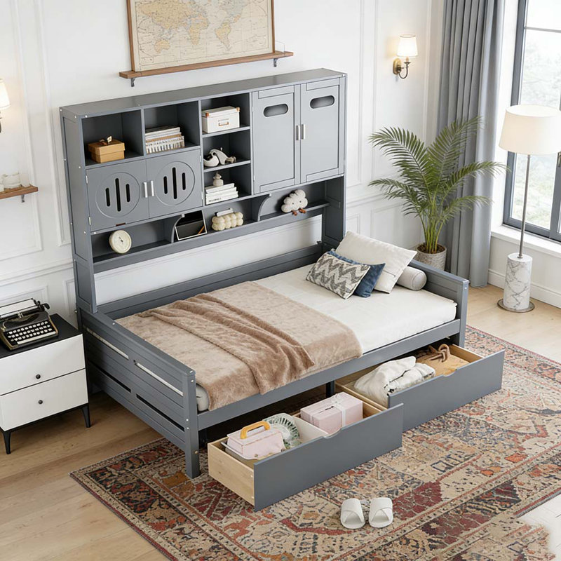 Lit de jour en bois, Double, Gris