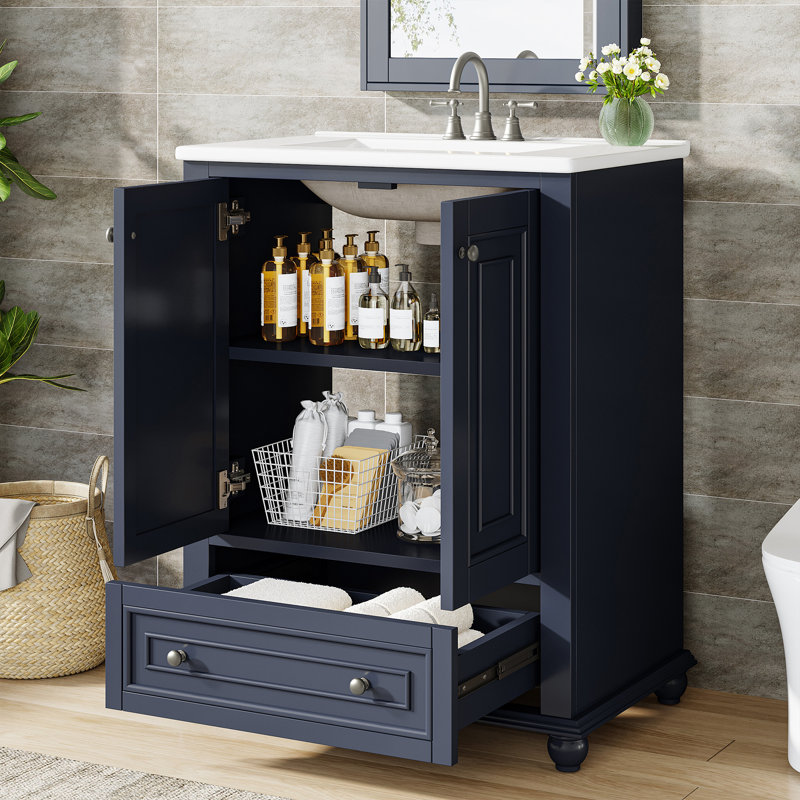 24" Modern Freestanding Solid Wood Bathroom Vanity, Sink Included, Blue, 24"