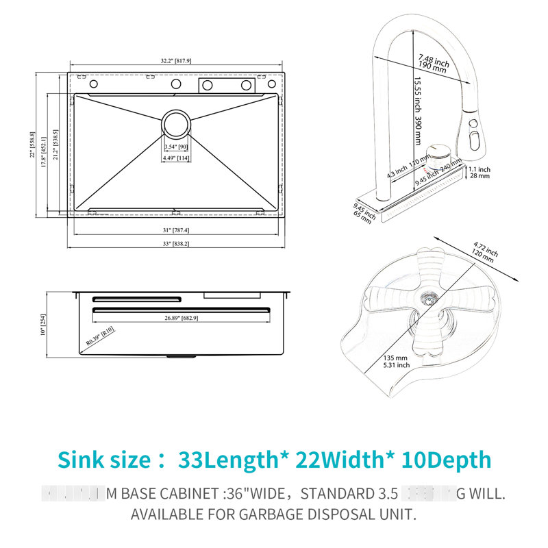 33" Drop In Waterfall Kitchen Sink - 33*22 Inch Single Bowl 16 Gauge Stainless Steel Ledge Workstation With Pull-Out Faucet & Cup Washer, T304 16G Construction, Unique Design, Drain Easily, Sound