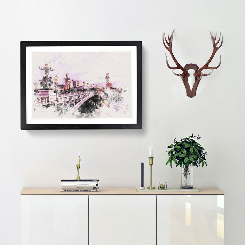 Pont Alexandre III Bridge in Paris France - Picture Frame Painting Print, 62cm H x 87cm W x 2cm D, Black Framed