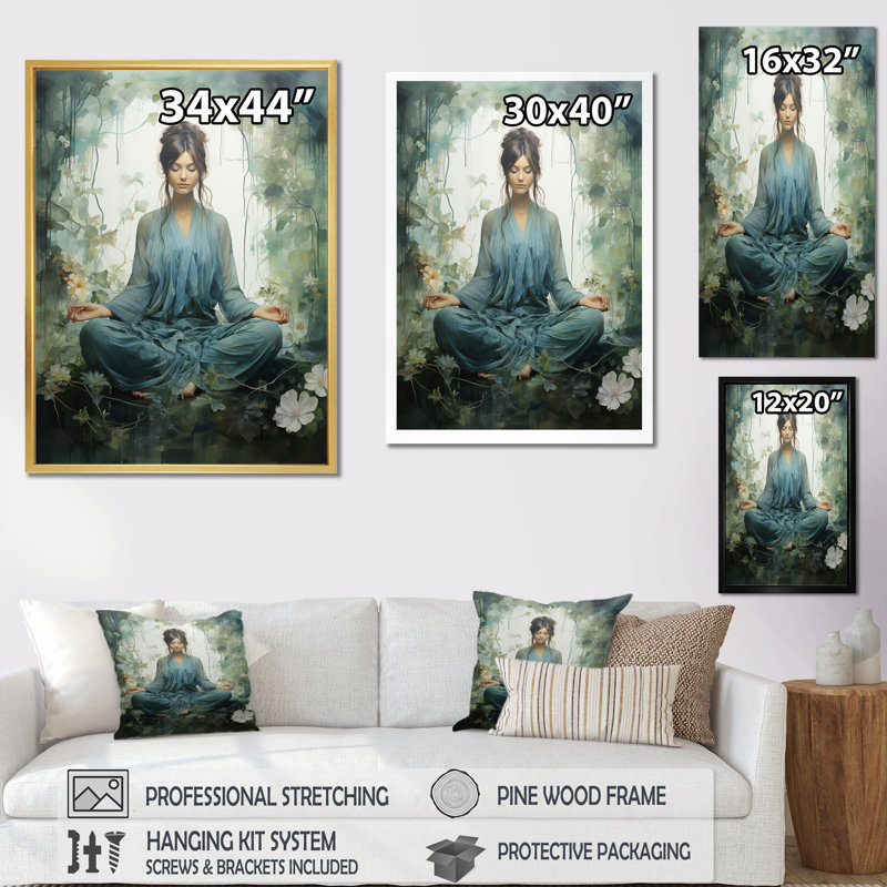 Sérénité intérieure bleu sarcelle et yoga, H 32 po x l 24 po x P 1 po