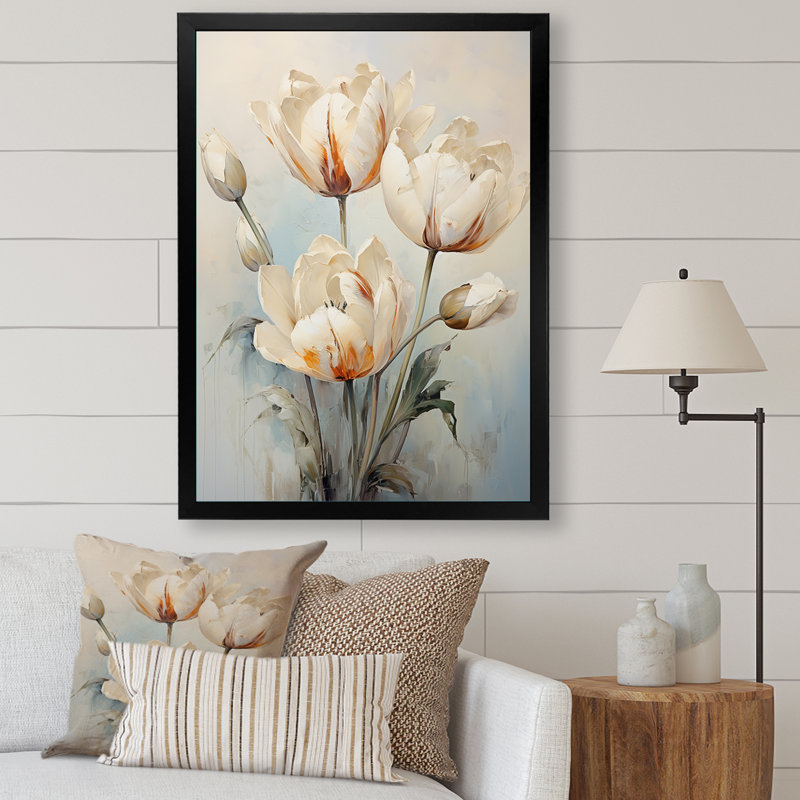 Minimalisme, symphonie de tulipes beiges sur toile, H 32 po x l 24 po x P 1 po, Cadre simple noir