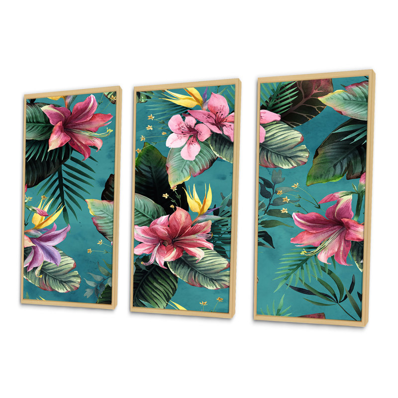 Fleurs tropicales roses sur fond sarcelle - ensemble de 3 impressions sur toile flottante, H 32 po x l 48 po x P 1 po