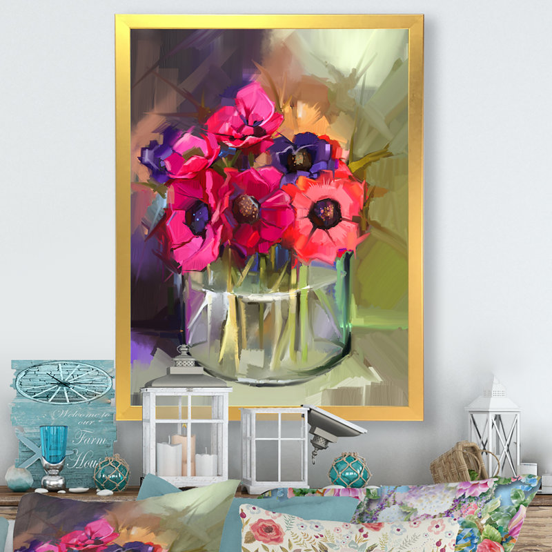 «Paint Brush Pink Spring Flowers Vase» - Art mural sur toile traditionnel, H 40 po x l 30 po x P 1,5 po, Cadre photo doré