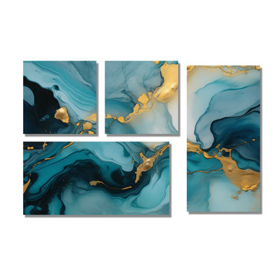 Turquoise doré infusé marbre II - fractales abstraites, art mural 4 pièces