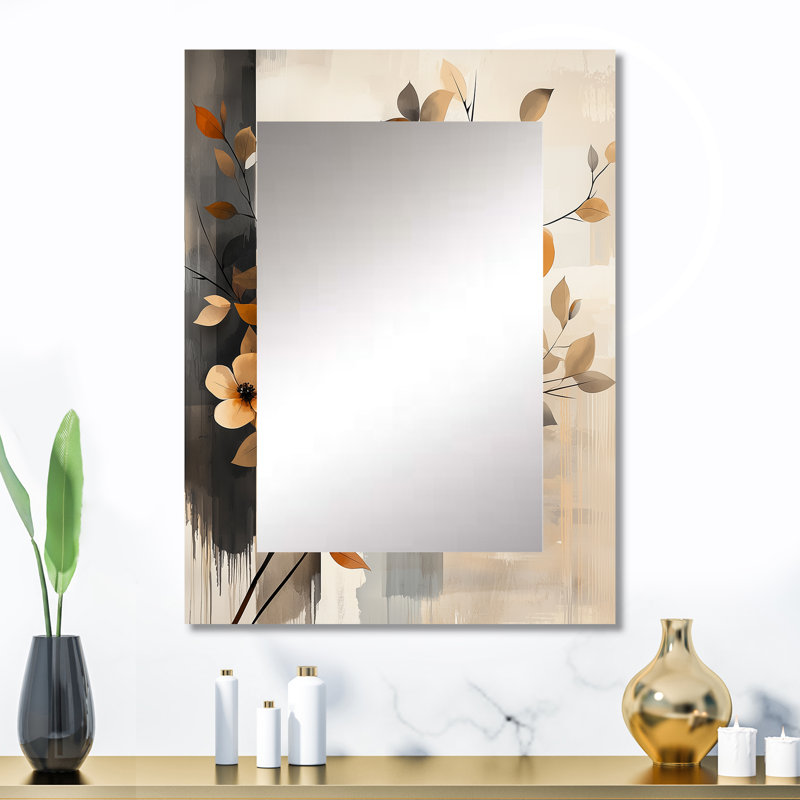 Bouquet de fleurs de cerisier botanique orange gris I - grand miroir fleur de cerisier, miroir mural décoratif traditionnel, impression d'art en métal