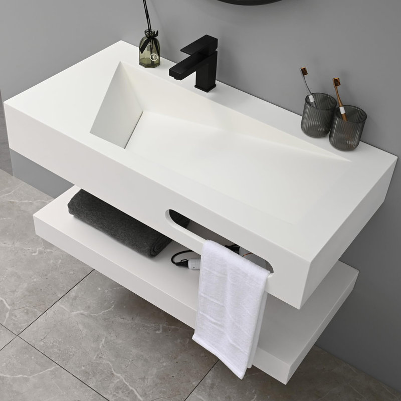 36" Double Layers Stone Resin Wall-Mounted Floating Bathroom Vanity, Ivory