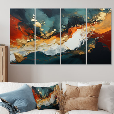 «Blue and Golden Marble Storm III», ensemble de 4 peintures murales abstraites