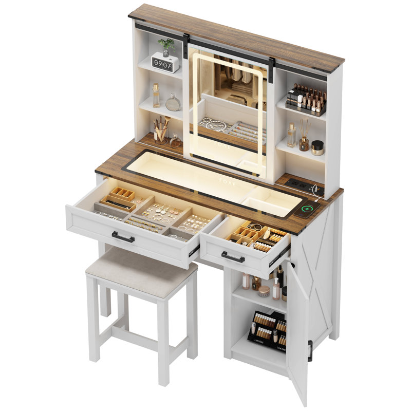 Polett Makeup Vanity With Sliding LED Mirror and Outlets, Antique White