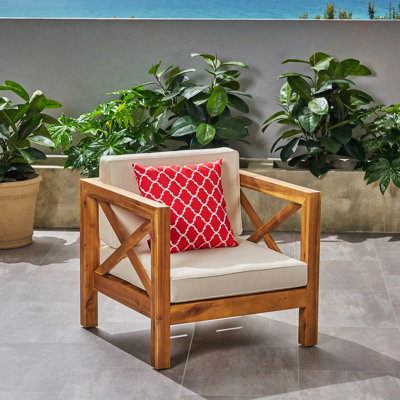 Chaise d'extérieur en bois au style moderne Mid-Century et chaise rembourrée: bois, coussins, longue durée