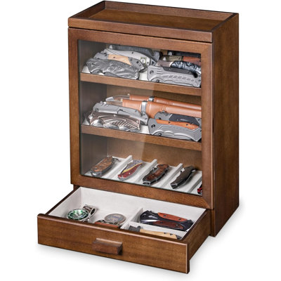 Knife Display Case with Clear Acrylic Door, Large Wooden Storage Cabinet for Pocket Knives and Fixed-Blade Daggers,Walnut