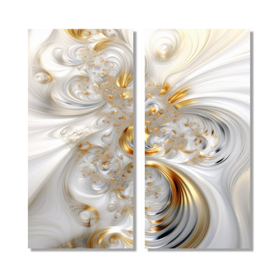 «Whirling River Dynamics Gold and White - Abstract Spirals, impressions sur toile, art mural abstrait blanc 2 panneaux