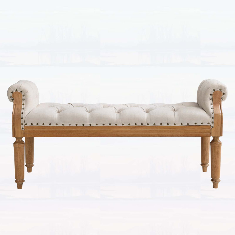 Banc rembourré en bois massif de style Mid-Century, banc de bout de lit avec accoudoirs roulés, repose-pieds capitonné classique, beige