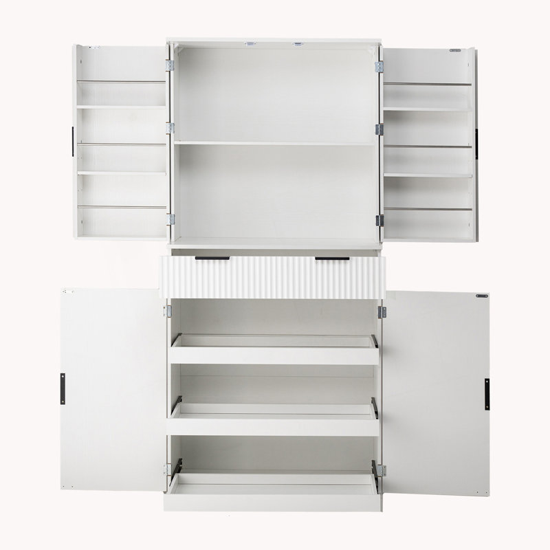 Armoire de cuisine cannelée avec 3 tiroirs à clavier et 6 tablettes de porte, armoire de rangement autoportante, Blanc