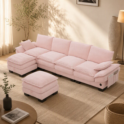 Canapé modulaire modulaire Cloud avec assise profonde, revêtement en velours côtelé, rembourrage en mousse double couche, ports de chargement USB et configurations flexibles reconfigurables pour le salon, l’appartement ou le bureau.