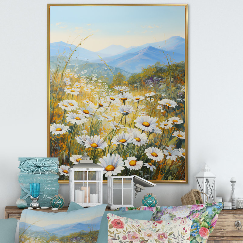 Impression sur toile, "Mountain Daisies On Hill I", Cadre flottant doré, H 20 po x l 12 po x P 1 po