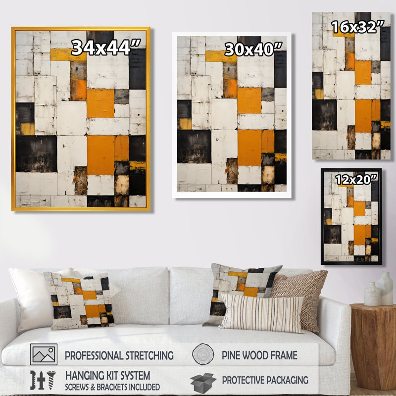 Cubist Retro Patchwork - Abstract Wall Art Print, 20" H x 12" W x 1" D, Black Floater Framed Canvas