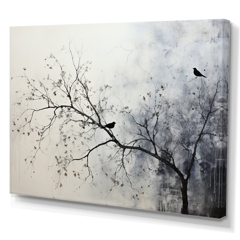 Monochrome Birds on Branch Canvas Art Print