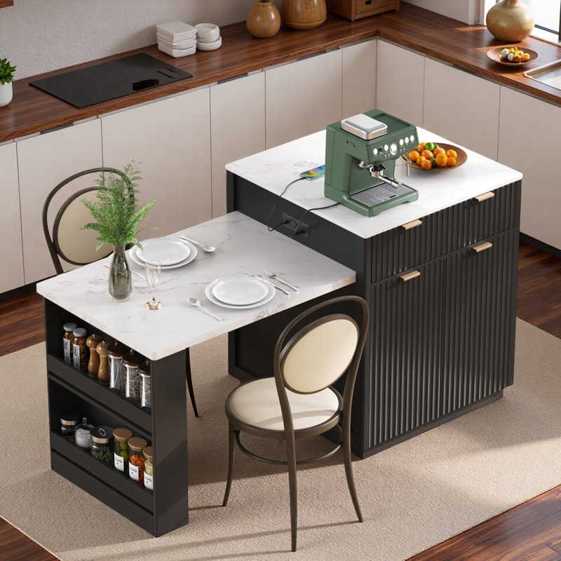 Îlot de cuisine cannelé avec table de salle à manger extensible, prise de courant, rangement double, 2 tiroirs et 2 tablettes ouvertes latérales