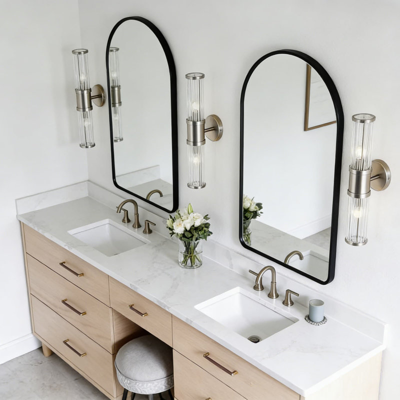 Brushed Nickel Bathroom Vanity Light Fixture, Industrial Up & Down Wall Sconce With Glass Rods, E12 Socket, Hardwired Installation (Bulbs Not Included)