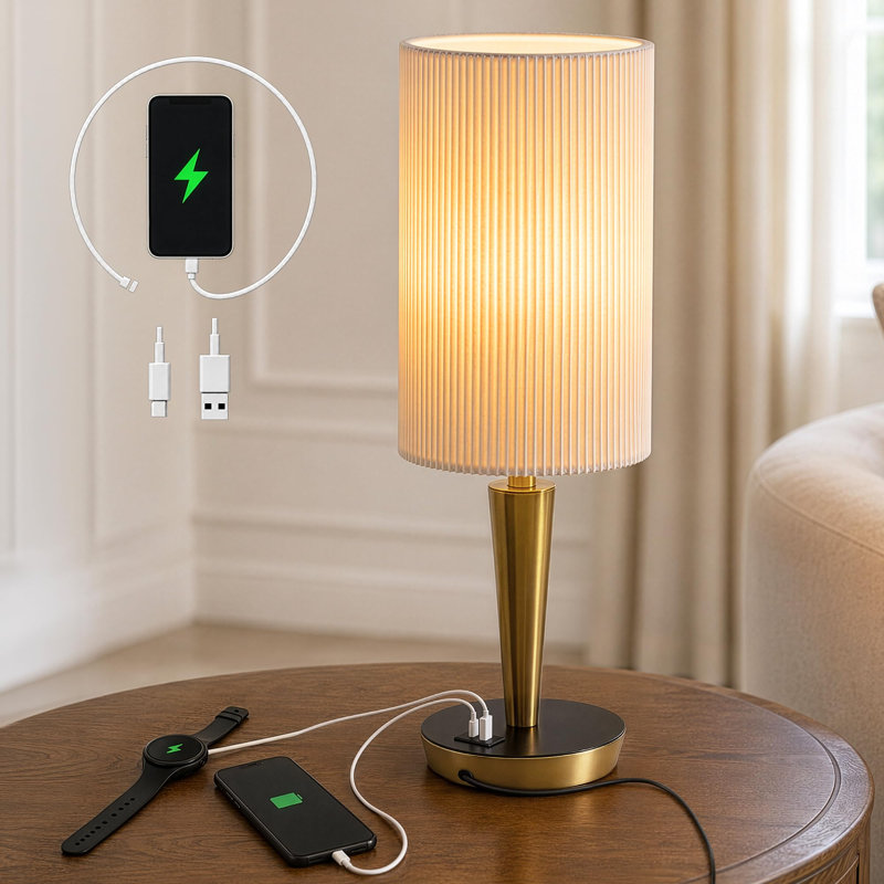Lampe de chevet tactile en bronze avec ports de chargement USB-C et USB-A, intensité lumineuse réglable sur 3 niveaux, ampoule E26 incluse