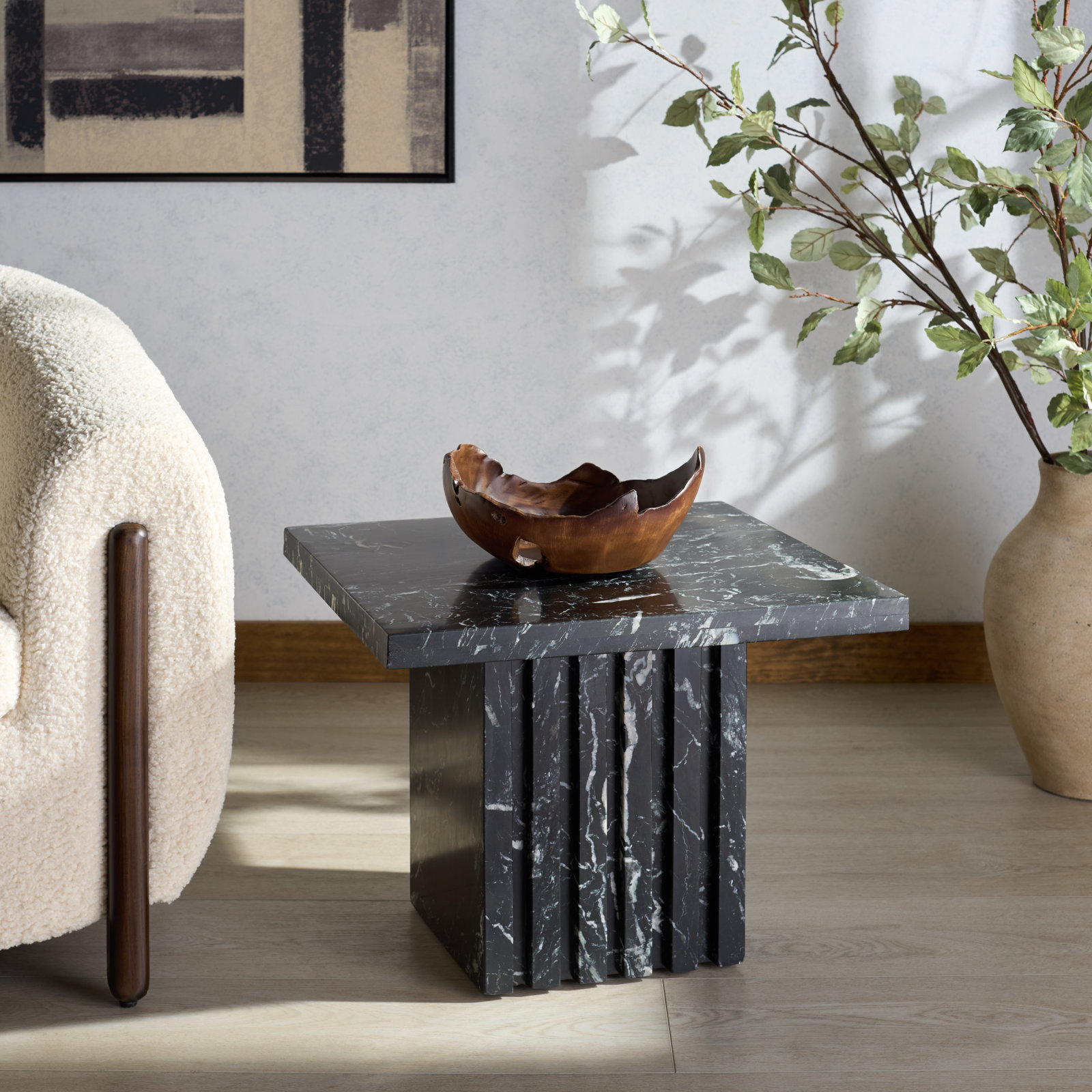 Pristina 21" Genuine Marble End Table, Black, 16" H x 21" W x 21" D