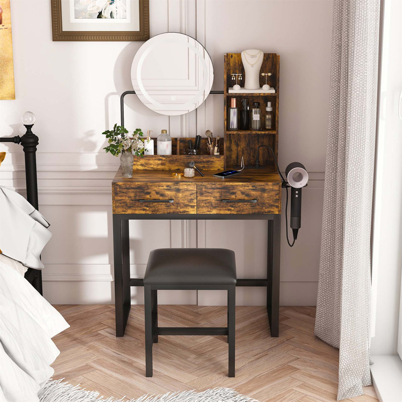 Makeup Vanity With LED Lights, 3 Color Modes, Power Outlets, And Spacious Storage For Organized Beauty Routines