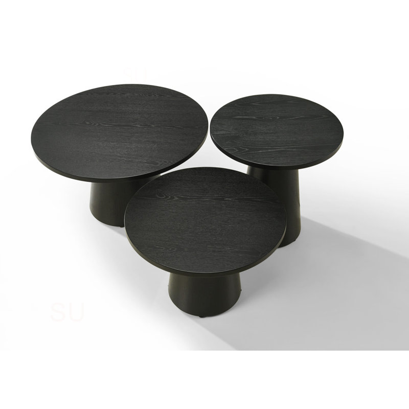 Ensemble de table basse, de bout et de console Jacopo ébène noir avec base à piédestal 3 pièces