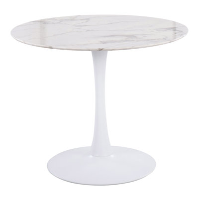 Table moderne avec base en métal blanc et plateau en placage de marbre blanc