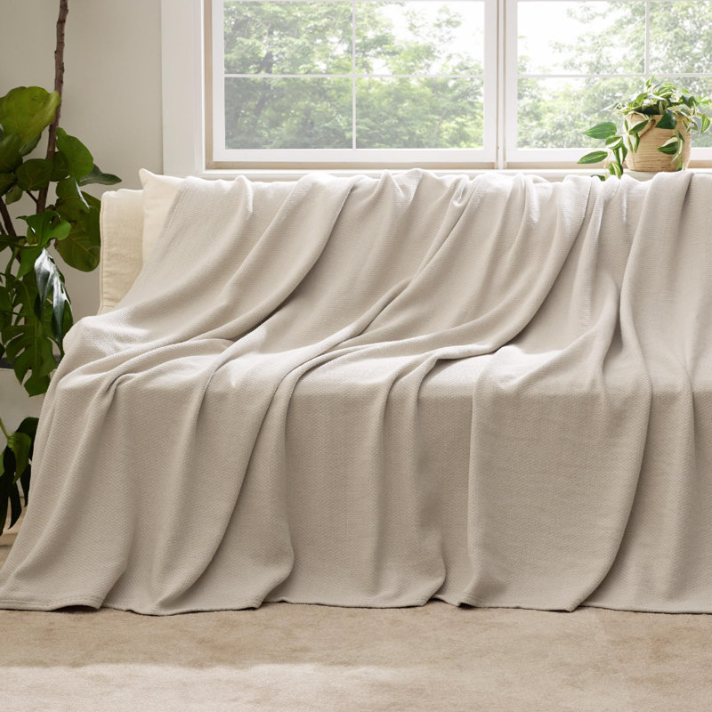 Bedsure 100% Cotton Blanket Soft Cozy Textured Herringbone Woven Blanket for All Seasons, Linen Beige, Throw XL