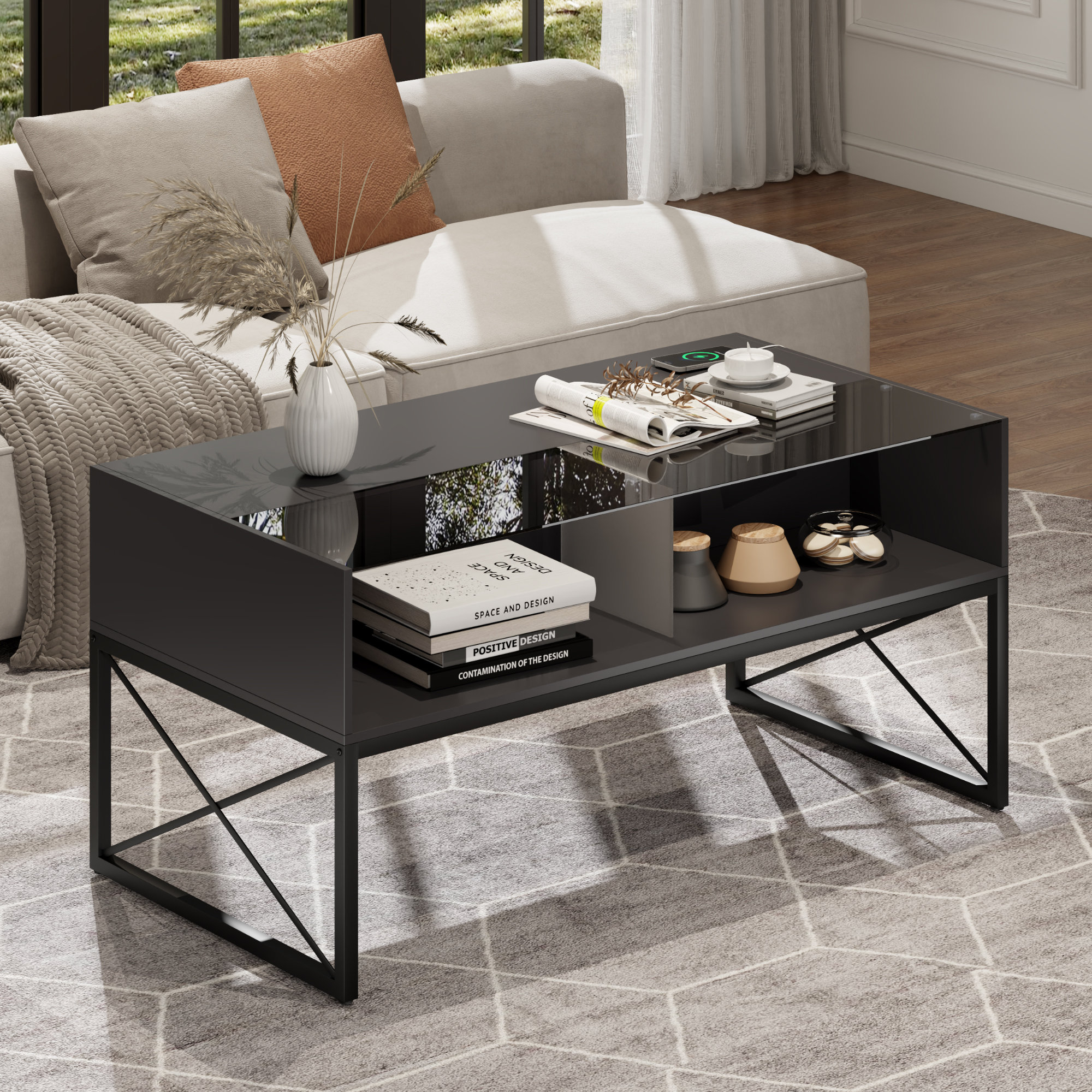 Mercury Row Yoan Glass Coffee Table for Living Room with Storage ...