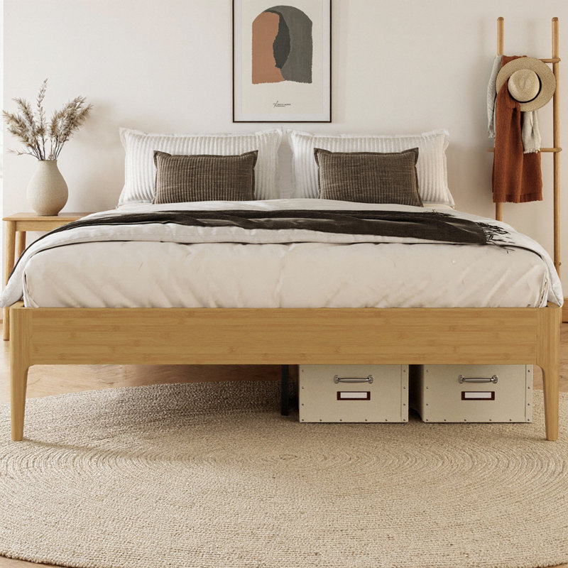 Base de lit plateforme en bambou massif de 15 pouces de hauteur avec support en métal, base en lattes de bois minimaliste moderne, aucun sommier tapissier requis, sans bruit, assemblage facile