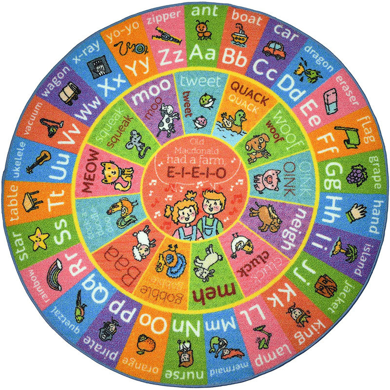ABC Alphabet Animals Educational Learning Game NonSlip Kids Circle Rug Carpet Classroom Playroom Mat, Round 3'3"