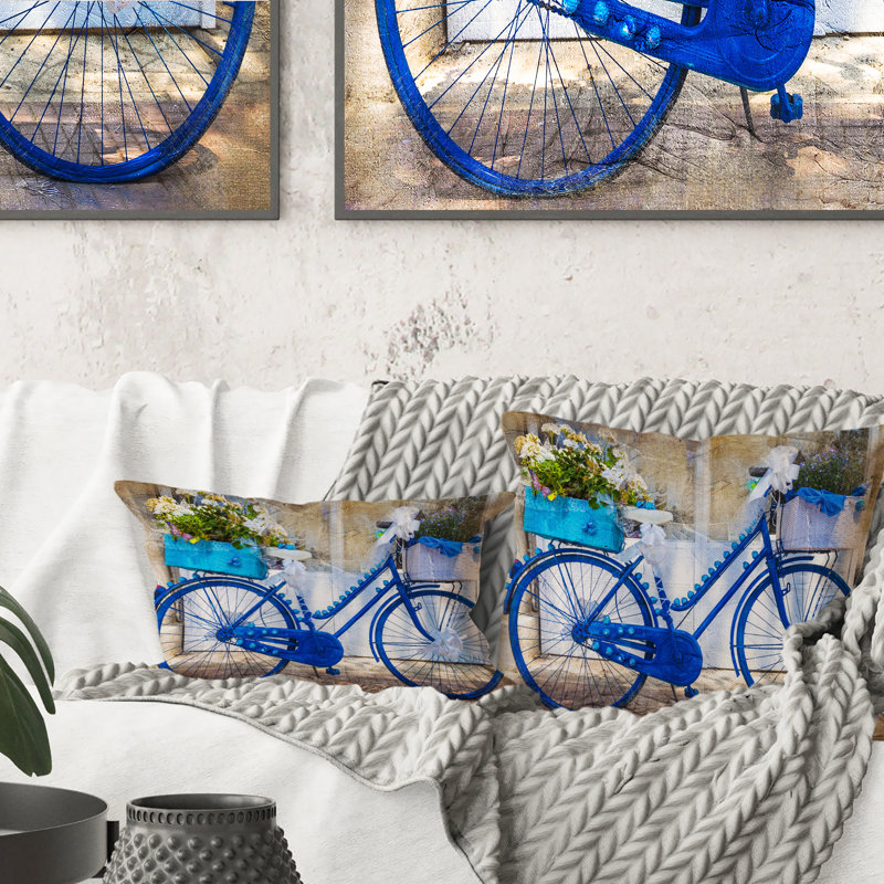 Coussin décoratif rétro à imprimé vélo vintage bleu avec fleurs