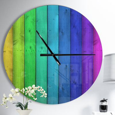 Rainbow Colors On Wooden - Modern wall clock