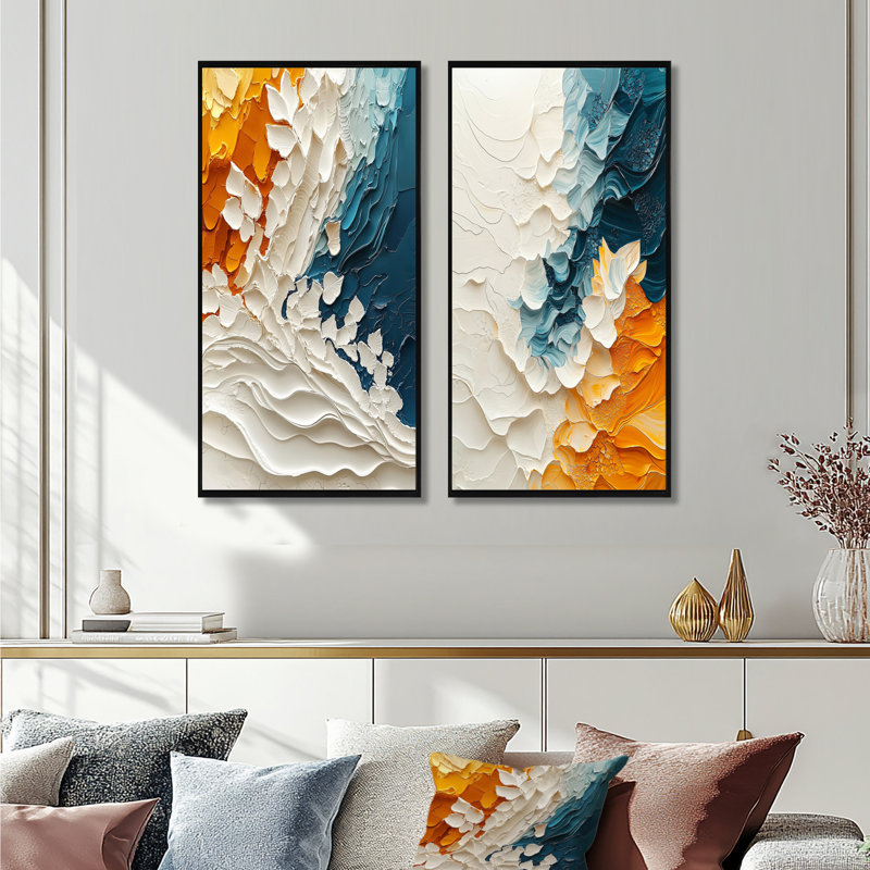 Biomorphism Wave to Sand Migre III - Art mural abstrait 2 pièces, H 28 po x l 25 po, Cadre flottant noir