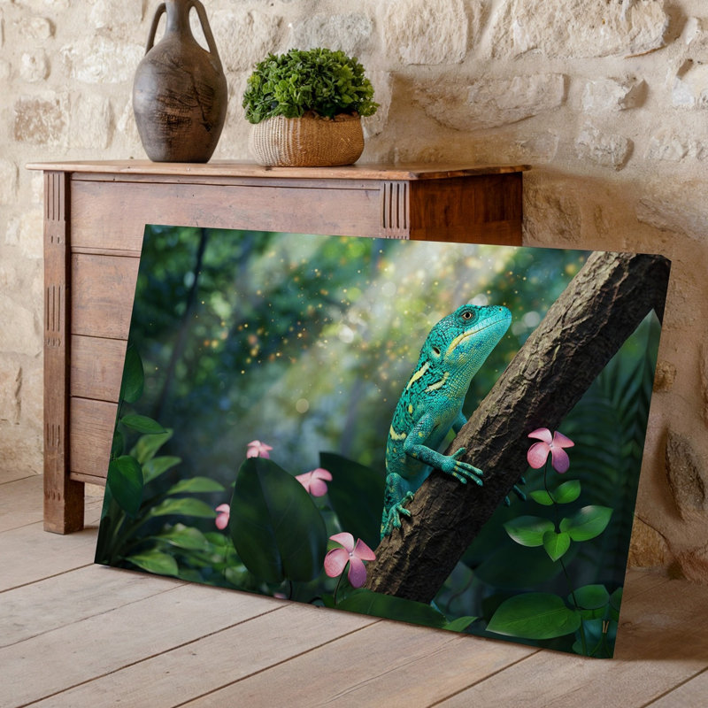 Toile, un lézard stylisé vibrant perché sur une branche texturée au milieu d'un art mural luxuriant avec feuillage luxuriant